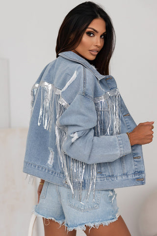 Sequin Fringe Trim Distressed Button Up Denim Jacket Divacious