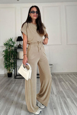 Round Neck Short Sleeve Top and Drawstring Pants Set Trendsi