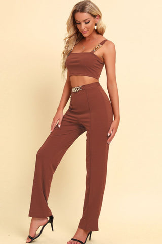 Chain Detail Cropped Cami and Straight Leg Pants Set Trendsi