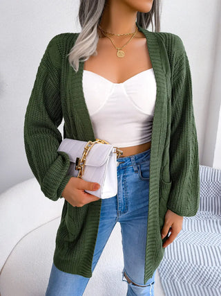 Cable-Knit Open Front Pocketed Cardigan Divacious