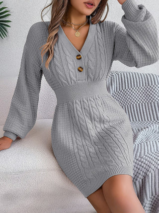 Buttoned Cable-Knit V-Neck Sweater Dress Divacious