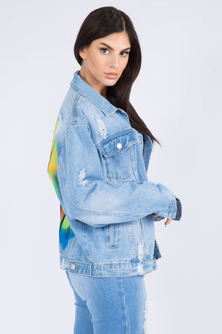 Full Size Painted Back Distressed Denim Jacket Divacious