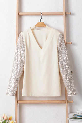 Sequin V-Neck Long Sleeve Blouse - Divacious