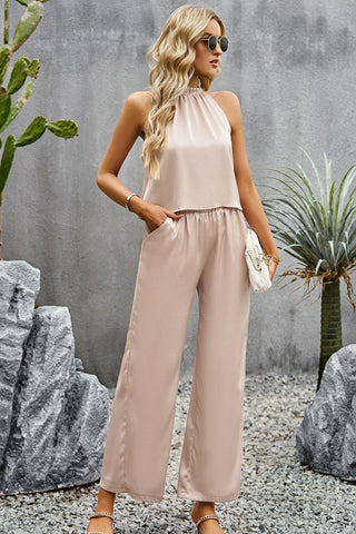 Devine Grecian Neck Sleeveless Pocketed Top and Pants Set Trendsi