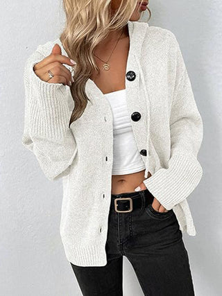 Button Up Drawstring Long Sleeve Hooded Cardigan Divacious