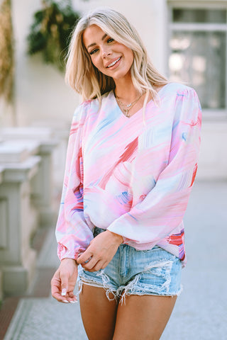 Printed V-Neck Puff Sleeve Blouse Divacious