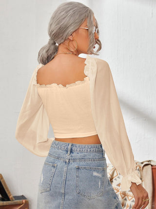 Mesh Sweetheart Neck Flounce Sleeve Top Divacious