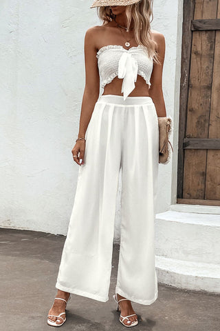 Shiny Smocked Tube Top and Wide Leg Pants Set Trendsi