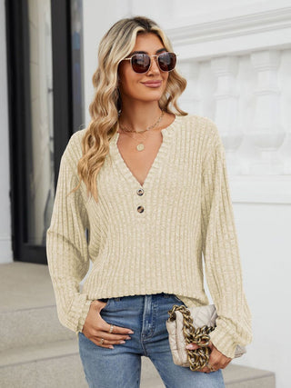 Ribbed Notched Long Sleeve T-Shirt Divacious