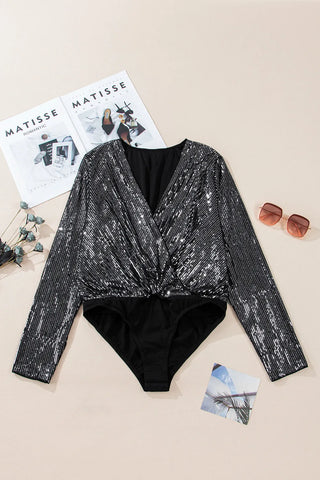 Sequin Surplice Long Sleeve Bodysuit - Divacious