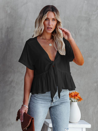 Tied Plunge Short Sleeve Blouse Divacious