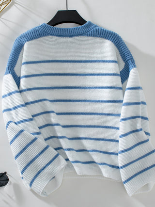 Striped Round Neck Long Sleeve Sweater Divacious