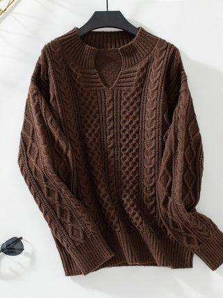 Cable-Knit Notched Long Sleeve Sweater - Divacious