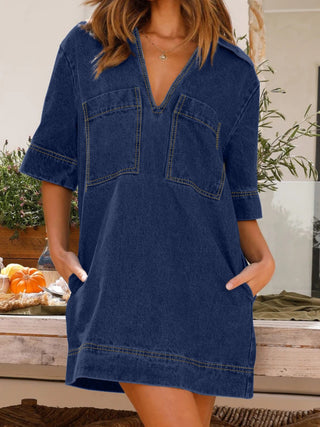 Johnny Collar Half Sleeve Denim Dress Divacious