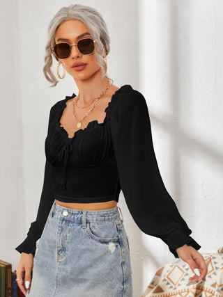 Mesh Sweetheart Neck Flounce Sleeve Top Divacious