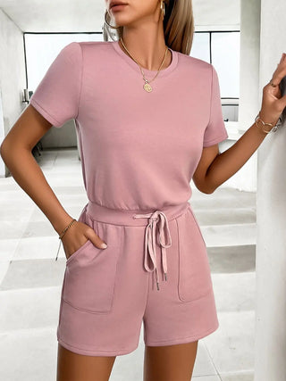 Tied Round Neck Short Sleeve Romper Divacious