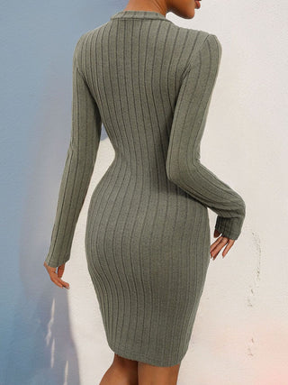 Perfee Decorative Button Round Neck Long Sleeve Dress Trendsi