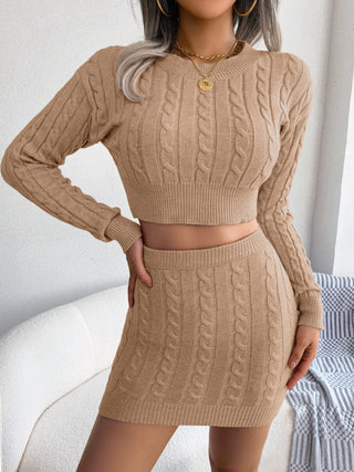 Cable-Knit Round Neck Top and Skirt Sweater Set Trendsi