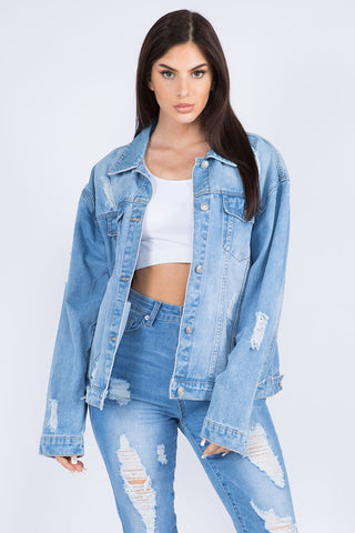 Full Size Painted Back Distressed Denim Jacket Divacious