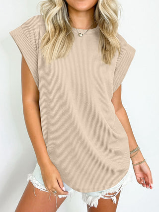 Textured Round Neck Cap Sleeve Blouse Divacious