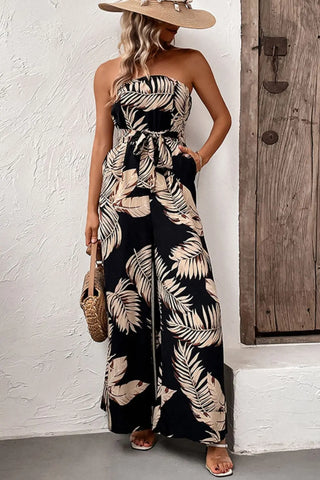 Printed Strapless Wide Leg Jumpsuit with Pockets Divacious