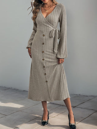 Ribbed Tied Surplice Long Sleeve Dress - Divacious