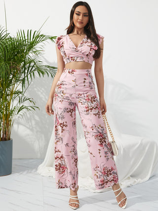 Honey Printed Surplice Cap Sleeve Top and Pants Set Trendsi