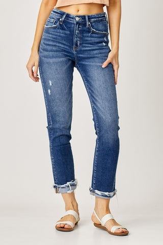 Full Size High-Rise Frayed Cuffed Straight Jeans Divacious