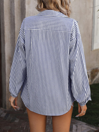 Striped Pocketed Button Up Long Sleeve Shirt Divacious