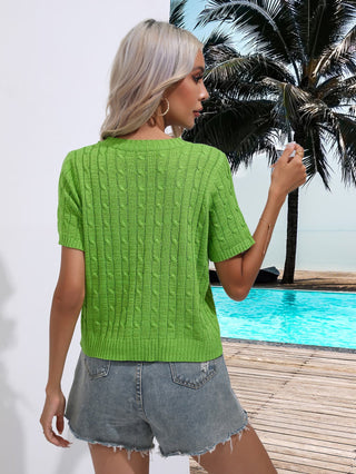 Cable-Knit Round Neck Short Sleeve Knit Top Divacious