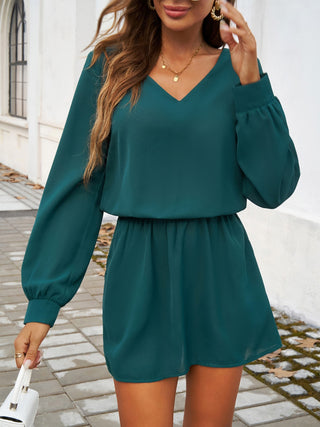 Devine Cutout V-Neck Long Sleeve Mini Dress Trendsi