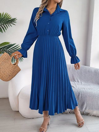 Pleated Half Button Long Sleeve Midi Dress Trendsi