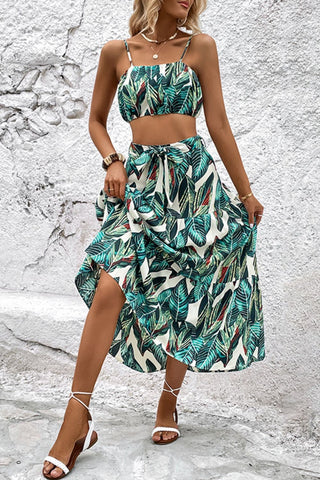 Perfee Botanical Print Cami and Tiered Skirt Set Trendsi