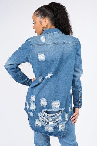 Distressed Button Down Denim Shirt Jacket Divacious