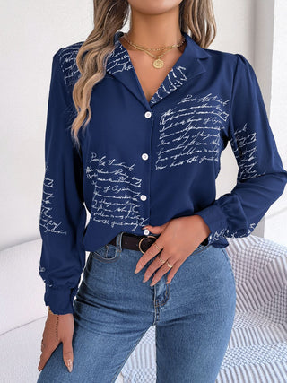 Letter Printed Button Up Long Sleeve Blouse Divacious