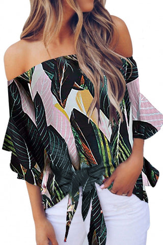 Tied Printed Off-Shoulder Half Sleeve Blouse Divacious