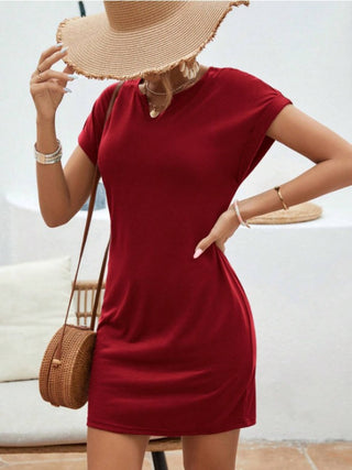 Notched Short Sleeve Mini Tee Dress Trendsi