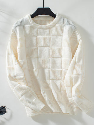 Checkered Round Neck Long Sleeve Sweater - Divacious