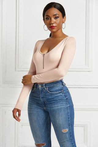 Half Zip Scoop Neck Long Sleeve Bodysuit Divacious