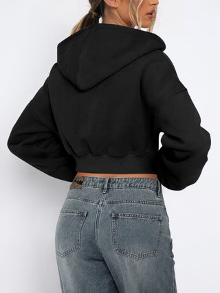 Zip Up Long Sleeve Hooded Cropped Jacket Trendsi