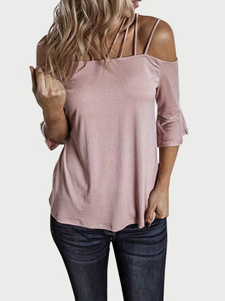 Full Size Cold Shoulder Three-Quarter Sleeve Blouse Divacious