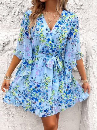 Devine Ruffled Printed Surplice Half Sleeve Mini Dress Trendsi