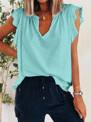 Ruffled Notched Cap Sleeve T-Shirt Divacious