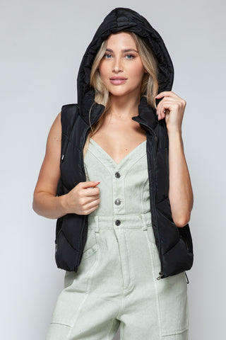 Snobbish Zip Up Quilted Hooded Vest Trendsi