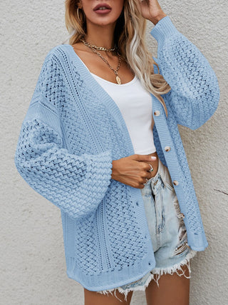 Openwork Button Front Cardigan Divacious