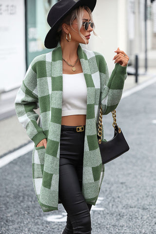 Plaid Dropped Shoulder Cardigan with Pocket Divacious