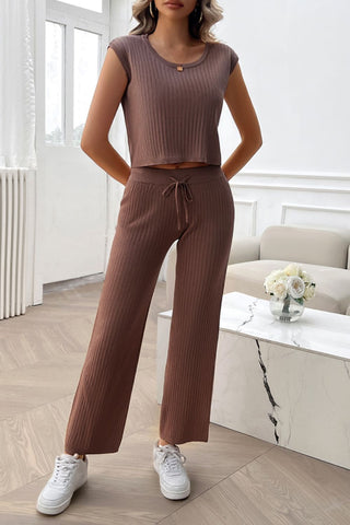 Ribbed Round Neck Top and Pants Set - Divacious