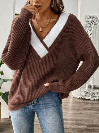 Contrast Dropped Shoulder Long Sleeve Sweater Divacious