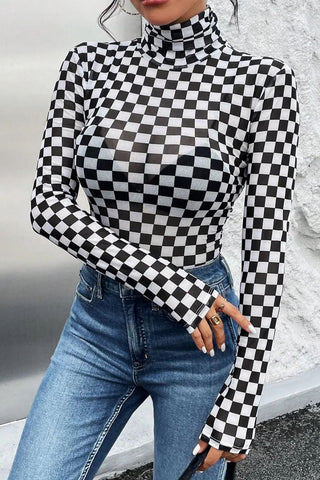 Checkered Turtleneck Long Sleeve Bodysuit Divacious