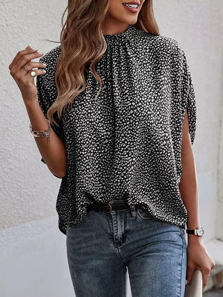 Tied Printed Mock Neck Half Sleeve Blouse Divacious